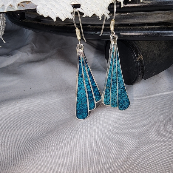 Vintage Mexico Sterling silver and turquoise inlay dangle earrings - Picture 2 of 9